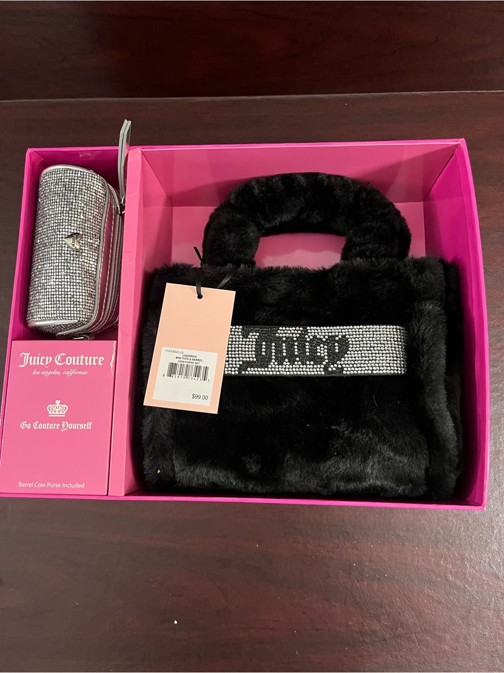 Juicy Couture Black Faux Fur Mini Bag with Rhinestone Logo Band